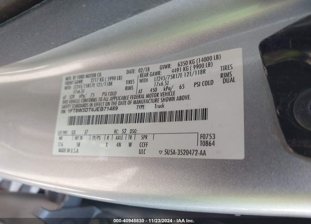 2018 FORD F-350 LARIAT VIN: 1FT8W3DT6JEB71489