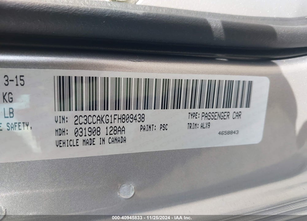 2015 CHRYSLER 300C VIN: 2C3CCAKG1FH809438