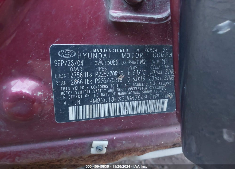 2005 HYUNDAI SANTA FE GLS/LX VIN: KM8SC13E35U887649