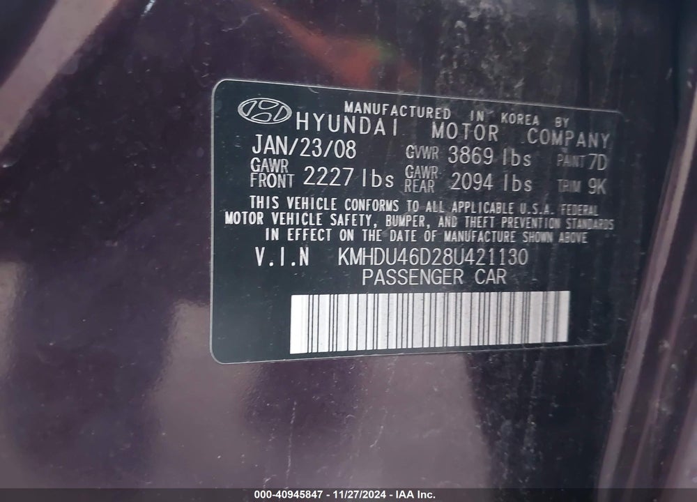 2008 HYUNDAI ELANTRA VIN: KMHDU46D28U421130