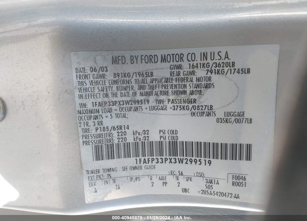 2003 FORD FOCUS LX VIN: 1FAFP33PX3W299519
