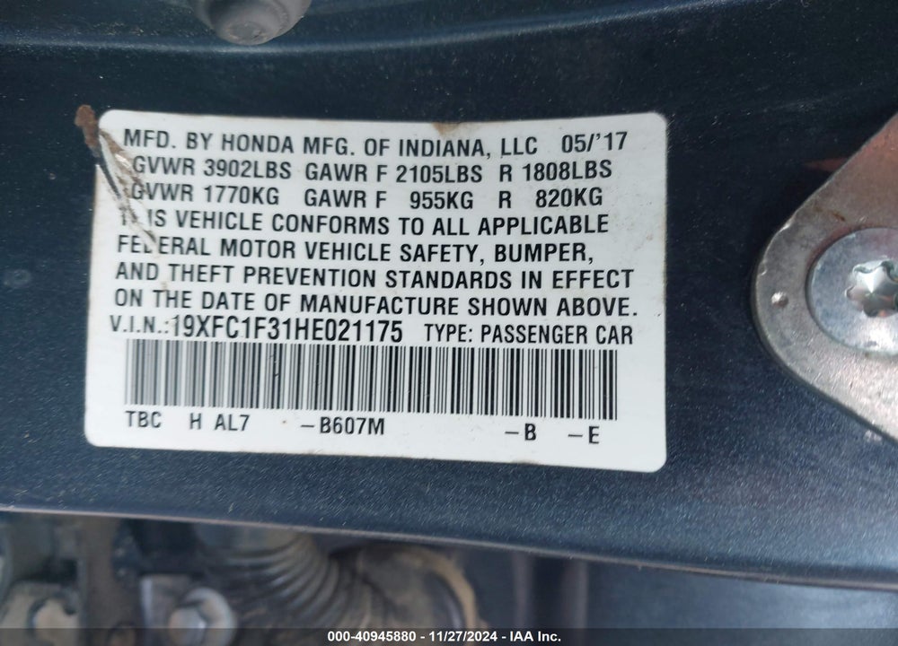 2017 HONDA CIVIC EX-T VIN: 19XFC1F31HE021175
