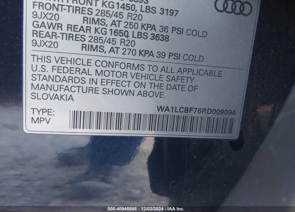 2024 AUDI Q7 PREMIUM PLUS 45 TFSI QUATTRO TIPTRONIC VIN: WA1LCBF76RD009094