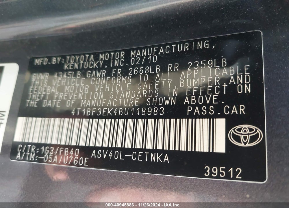 2011 TOYOTA CAMRY LE VIN: 4T1BF3EK4BU118983