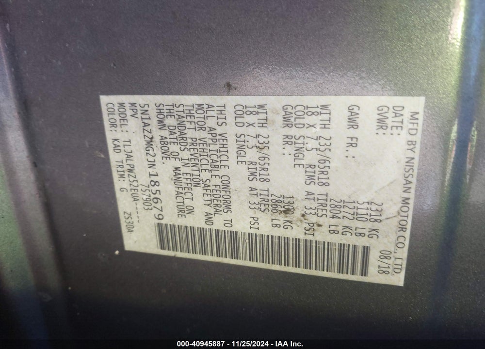 2018 NISSAN MURANO S VIN: 5N1AZ2MG2JN185679