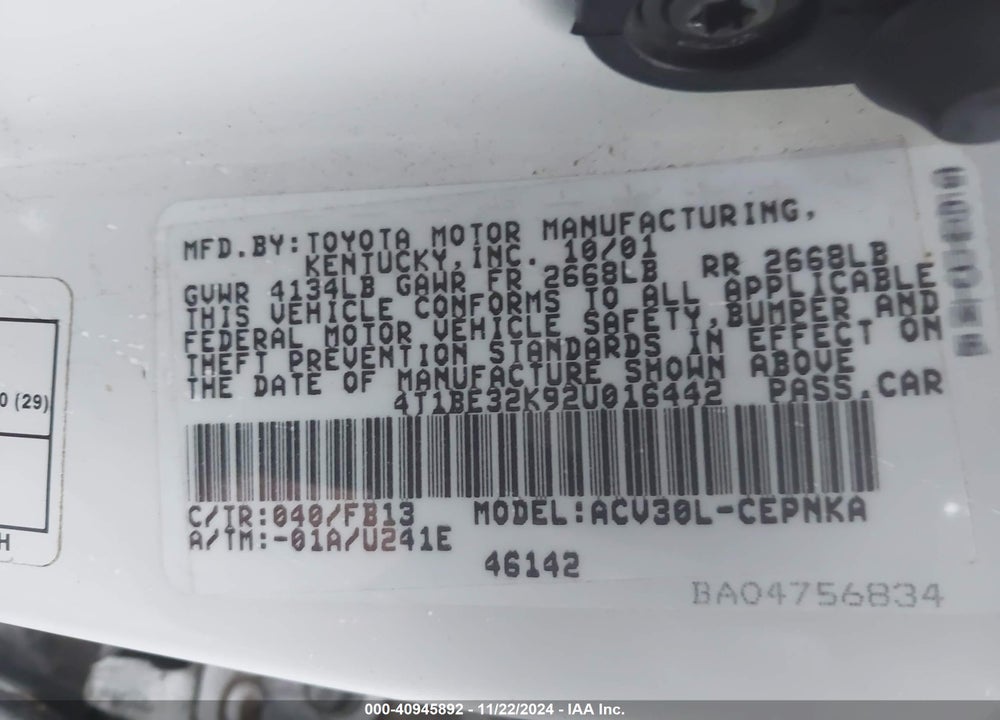 2002 TOYOTA CAMRY LE VIN: 4T1BE32K92U016442