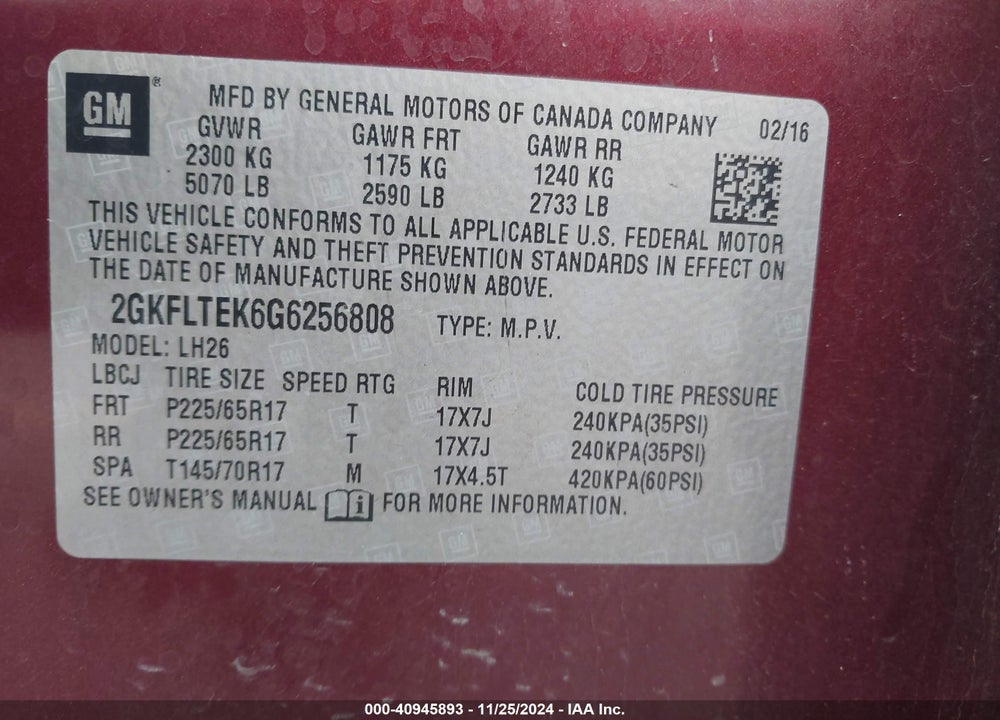 2016 GMC TERRAIN SLE-2 VIN: 2GKFLTEK6G6256808