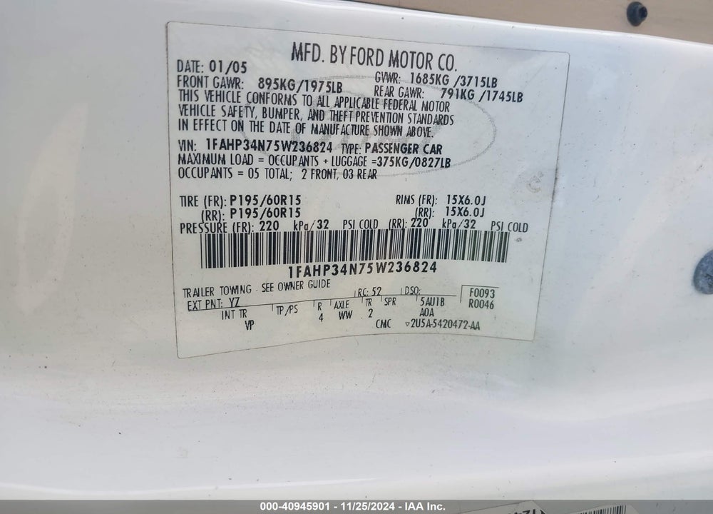 2005 FORD FOCUS ZX4 VIN: 1FAHP34N75W236824
