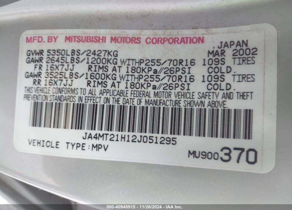 2002 MITSUBISHI MONTERO SPORT ES/LS VIN: JA4MT21H12J051295
