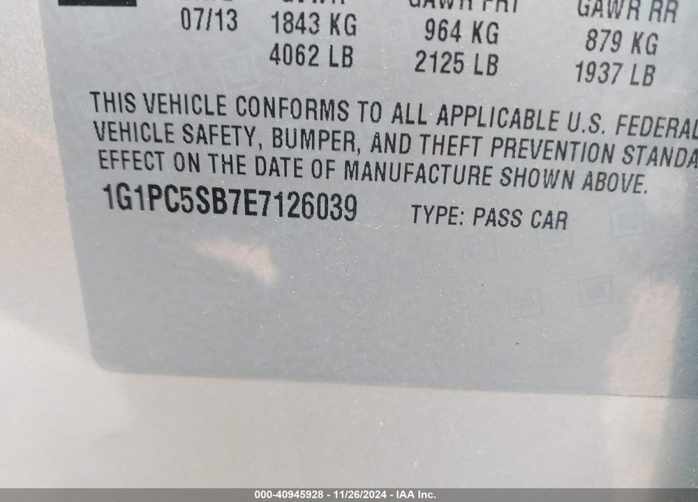 2014 CHEVROLET CRUZE 1LT AUTO VIN: 1G1PC5SB7E7126039