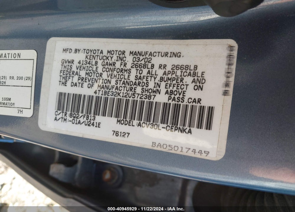 2002 TOYOTA CAMRY LE VIN: 4T1BE32K12U572387