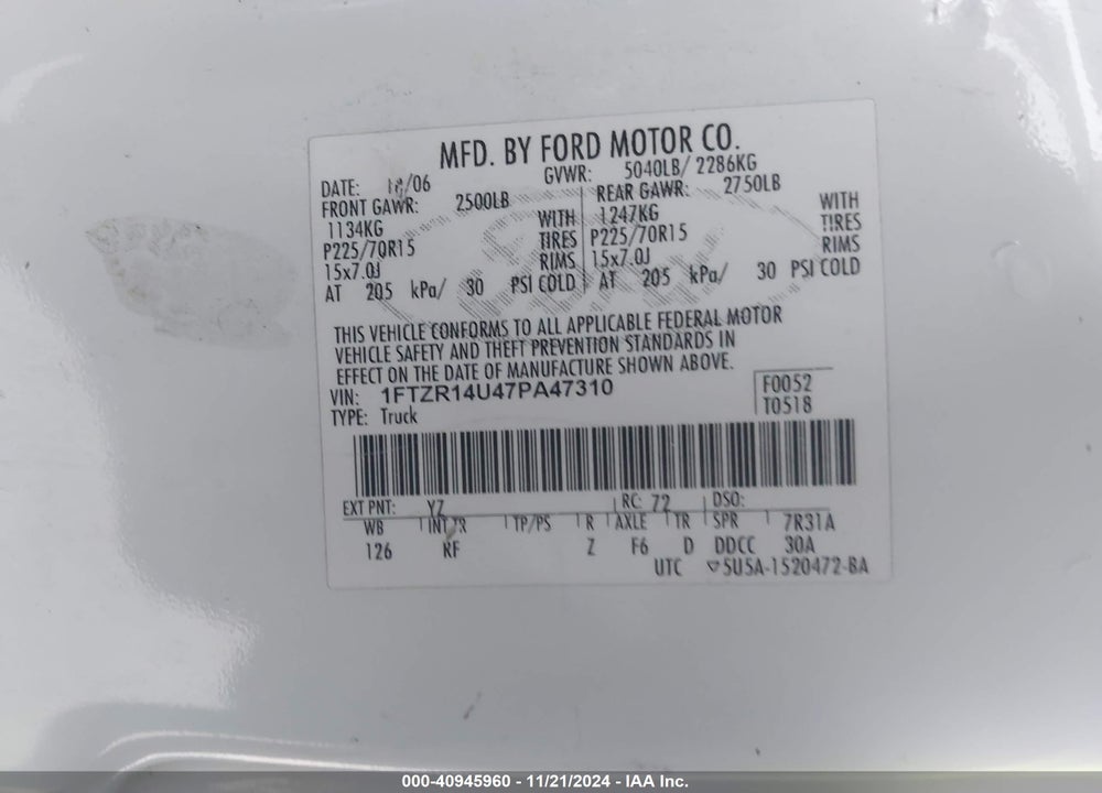 2007 FORD RANGER XLT VIN: 1FTZR14U47PA47310