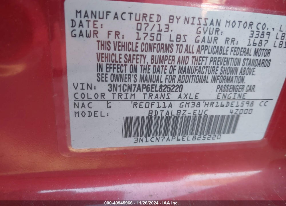2014 NISSAN VERSA 1.6 SV VIN: 3N1CN7AP6EL825220
