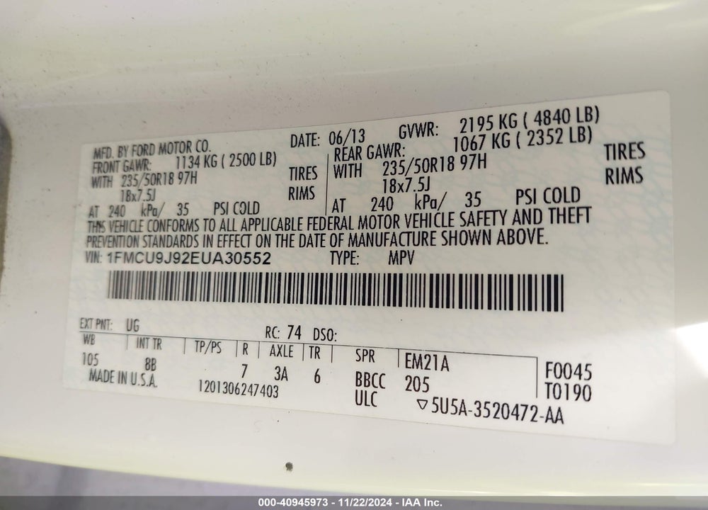 2014 FORD ESCAPE TITANIUM VIN: 1FMCU9J92EUA30552