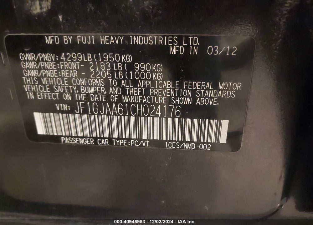 2012 SUBARU IMPREZA 2.0I VIN: JF1GJAA61CH024176