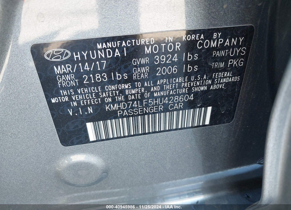 2017 HYUNDAI ELANTRA SE VIN: KMHD74LF5HU428604