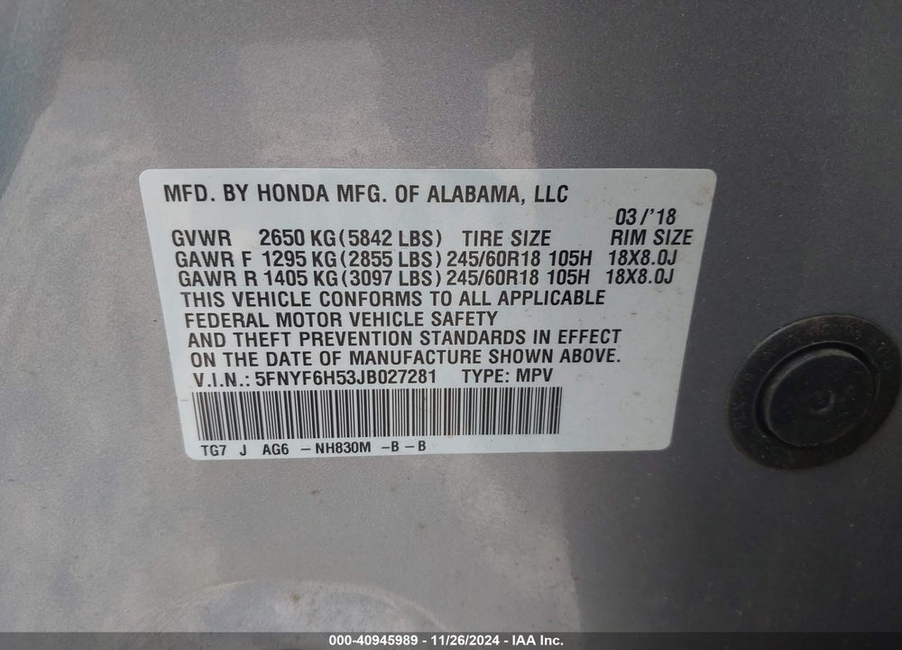 2018 HONDA PILOT EX-L VIN: 5FNYF6H53JB027281