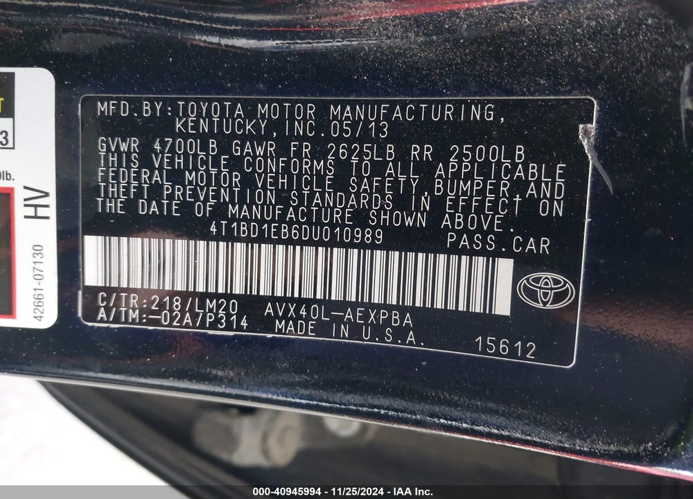 2013 TOYOTA AVALON HYBRID LIMITED VIN: 4T1BD1EB6DU010989