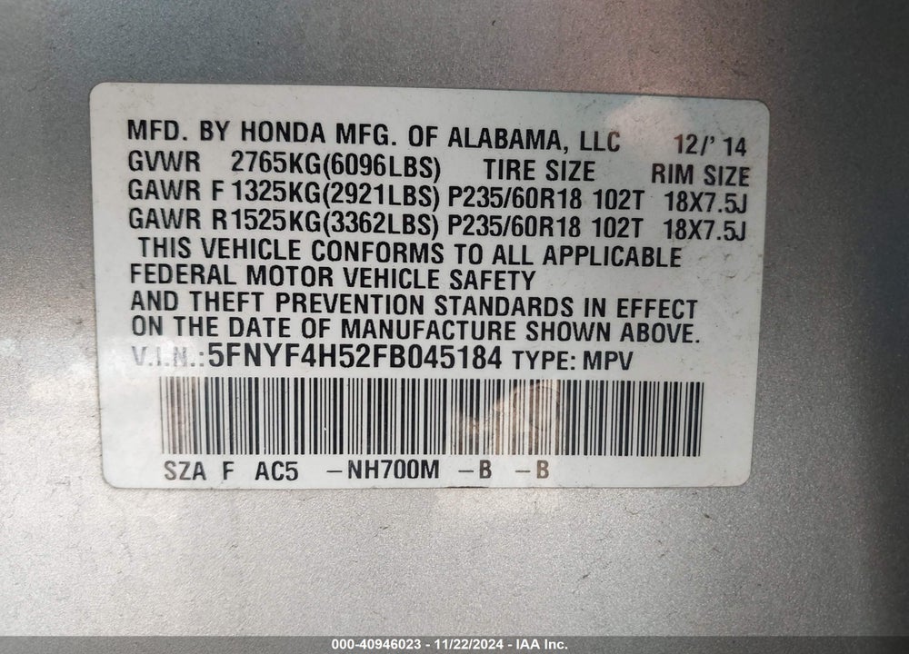 2015 HONDA PILOT EX-L VIN: 5FNYF4H52FB045184