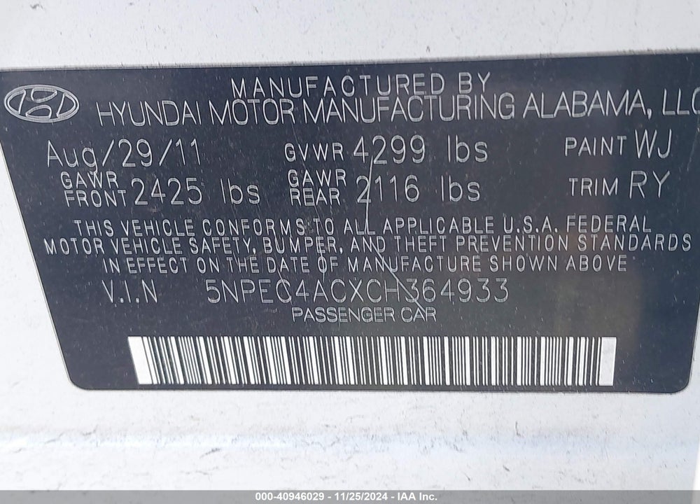 2012 HYUNDAI SONATA SE VIN: 5NPEC4ACXCH364933