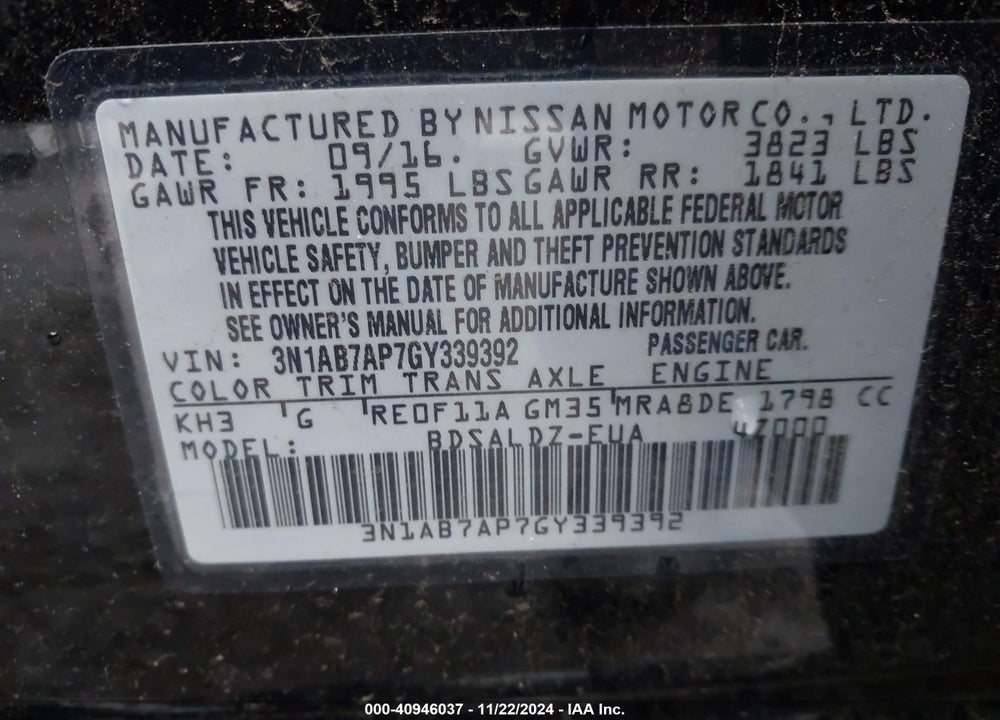 2016 NISSAN SENTRA SV VIN: 3N1AB7AP7GY339392