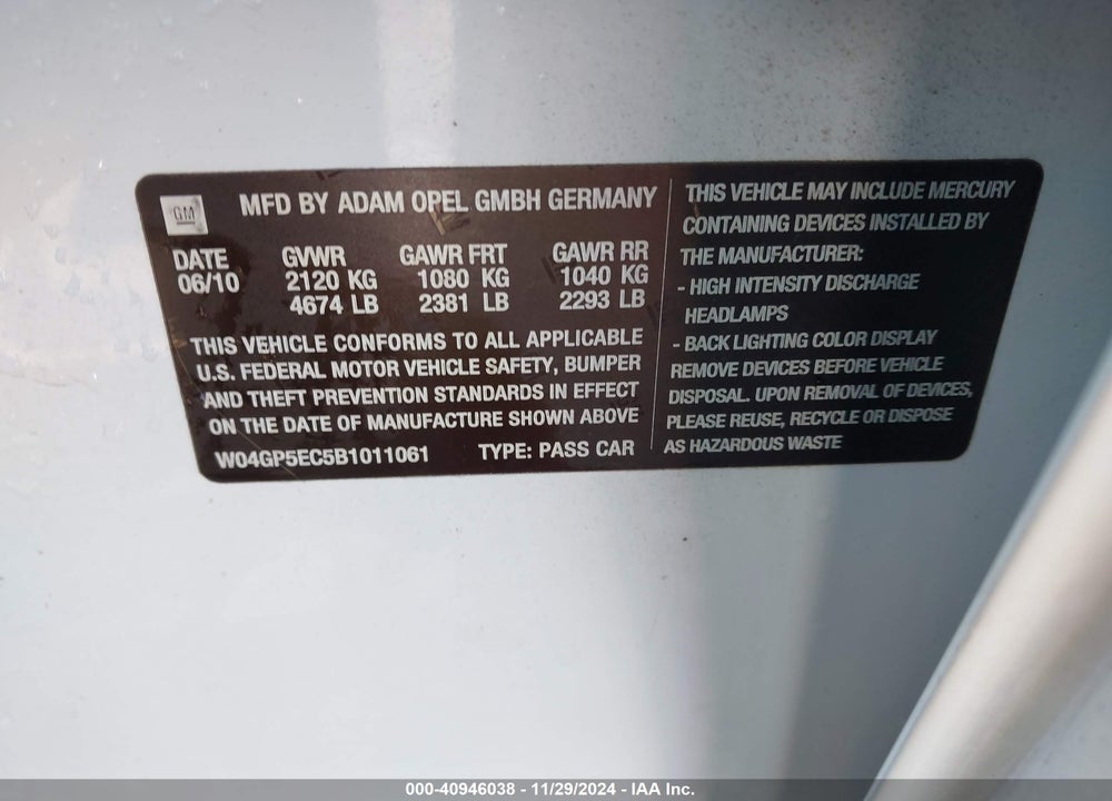 2011 BUICK REGAL CXL RUSSELSHEIM VIN: W04GP5EC5B1011061