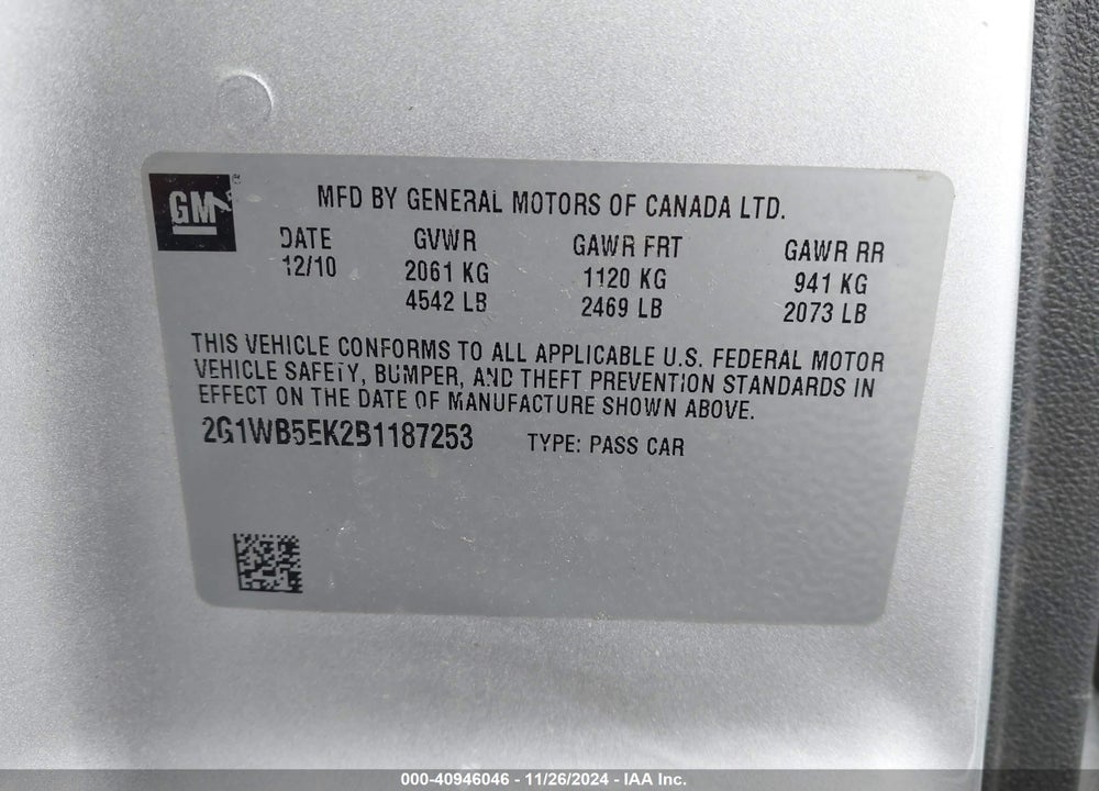 2011 CHEVROLET IMPALA LT VIN: 2G1WB5EK2B1187253