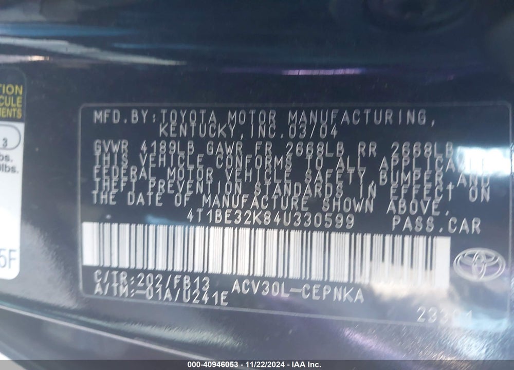 2004 TOYOTA CAMRY LE VIN: 4T1BE32K84U330599