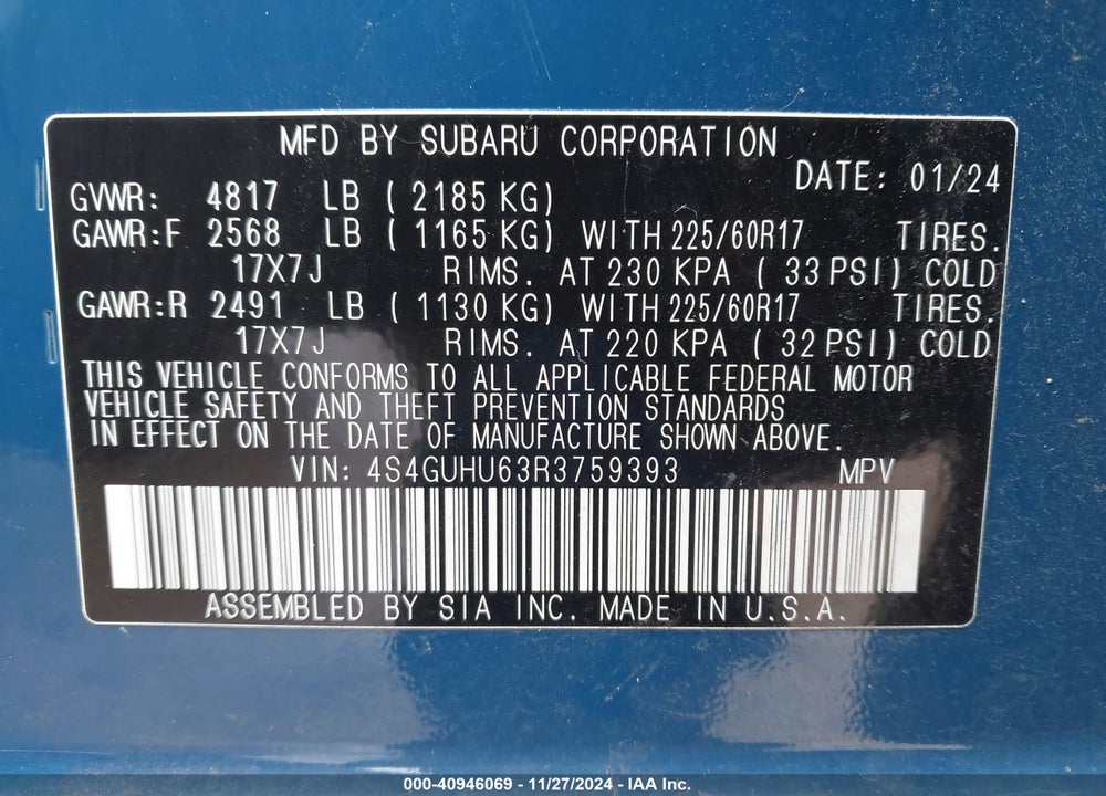 2024 SUBARU CROSSTREK WILDERNESS VIN: 4S4GUHU63R3759393