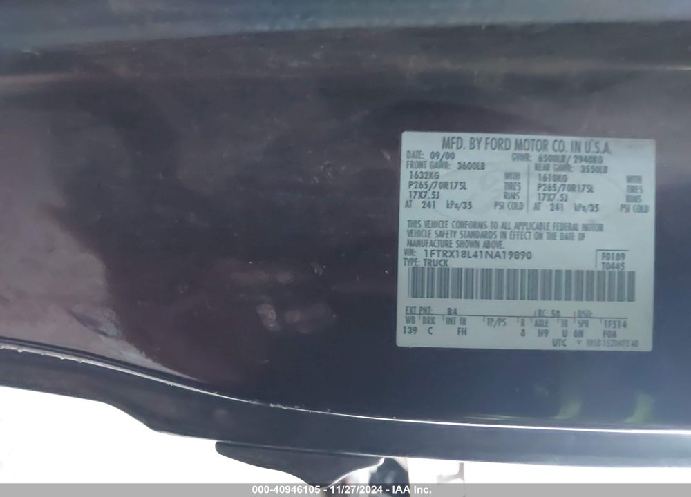 2001 FORD F-150 LARIAT/XL/XLT VIN: 1FTRX18L41NA19890