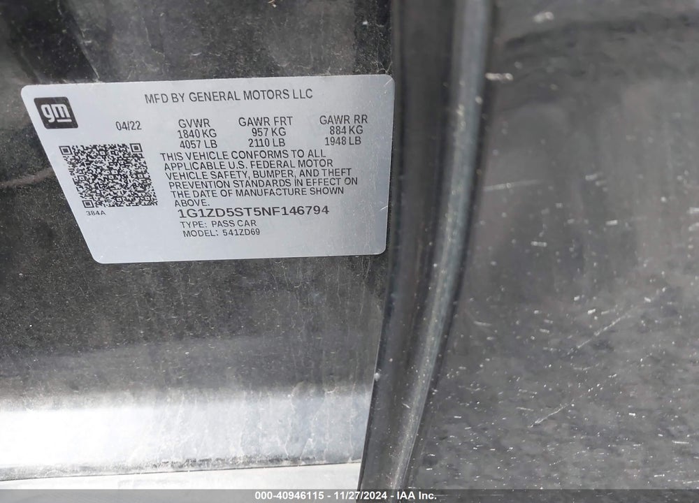 2022 CHEVROLET MALIBU VIN: 1G1ZD5ST5NF146794