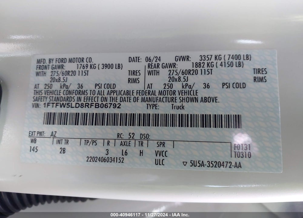 2024 FORD F-150 LARIAT VIN: 1FTFW5LD8RFB06792