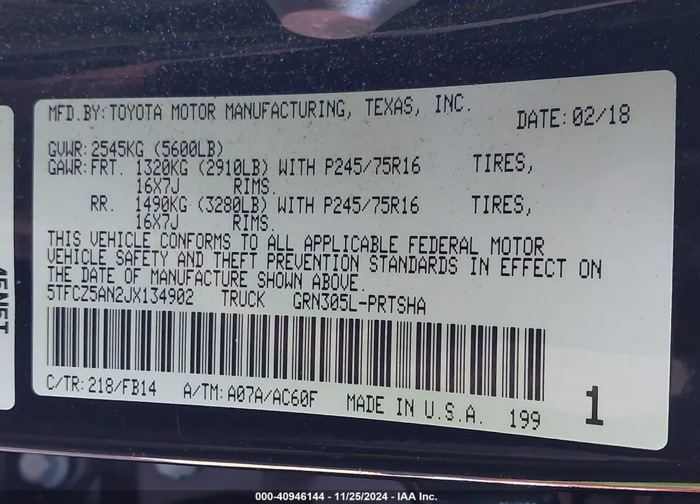 2018 TOYOTA TACOMA SR V6 VIN: 5TFCZ5AN2JX134902