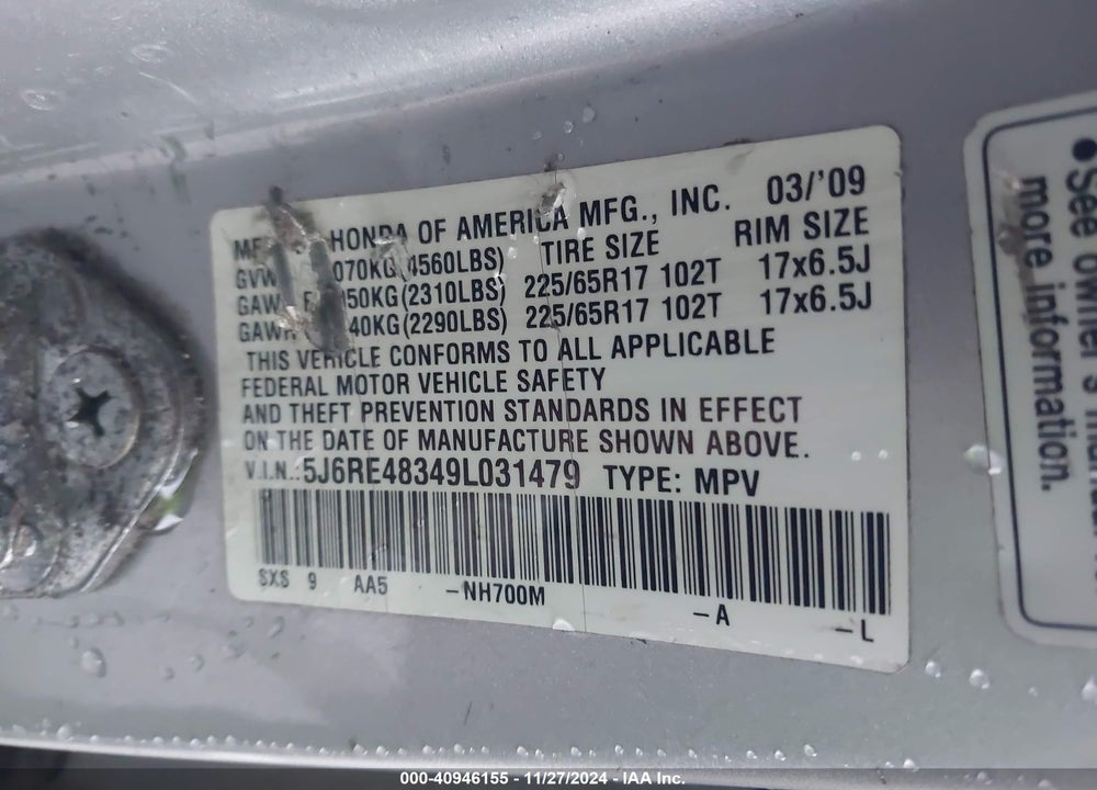 2009 HONDA CR-V LX VIN: 5J6RE48349L031479