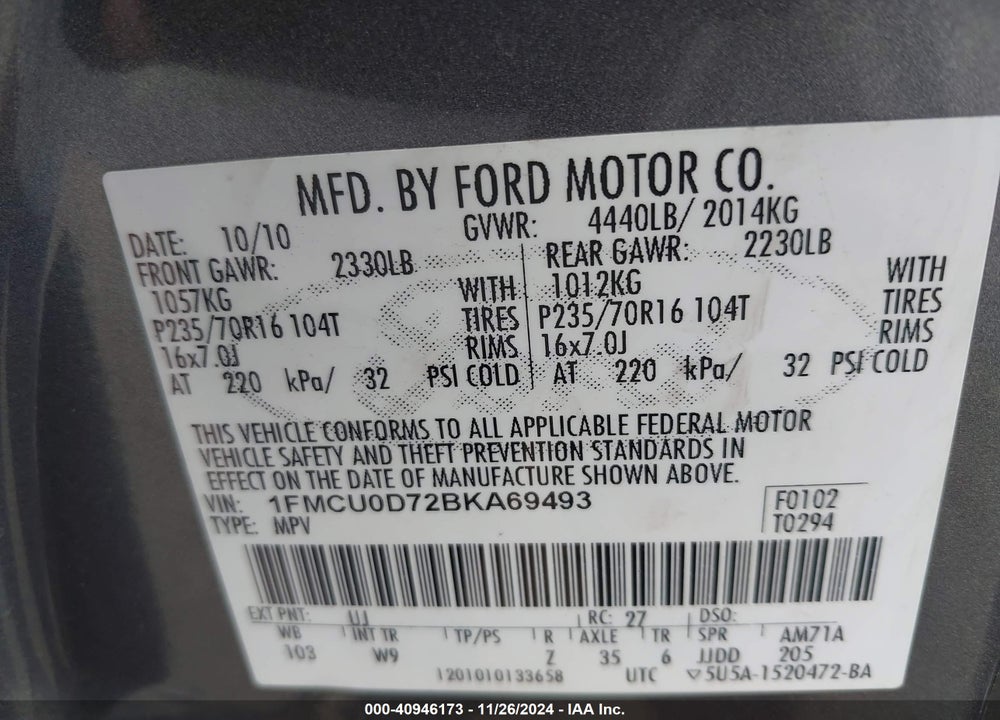 2011 FORD ESCAPE XLT VIN: 1FMCU0D72BKA69493