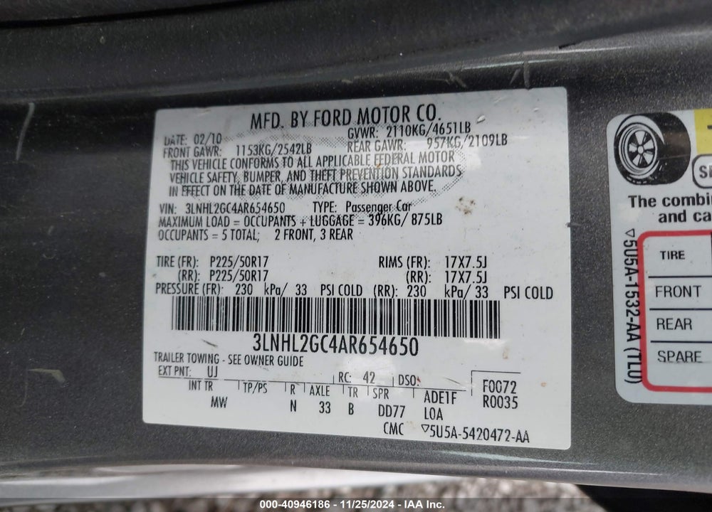 2010 LINCOLN MKZ VIN: 3LNHL2GC4AR654650