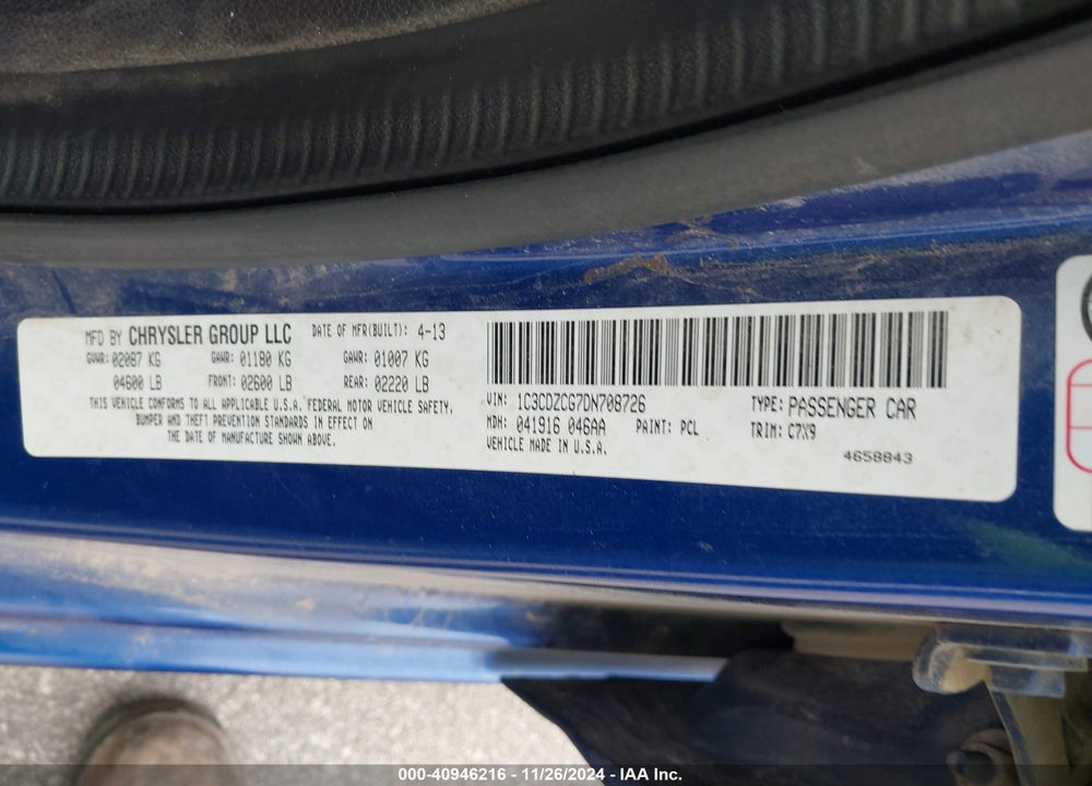 2013 DODGE AVENGER SXT VIN: 1C3CDZCG7DN708726