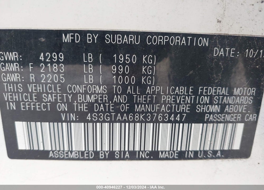 2019 SUBARU IMPREZA 2.0I VIN: 4S3GTAA68K3763447
