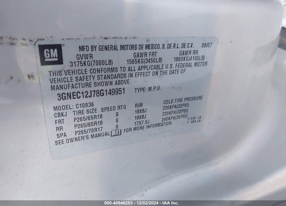 2008 CHEVROLET AVALANCHE 1500 LT VIN: 3GNEC12J78G149951