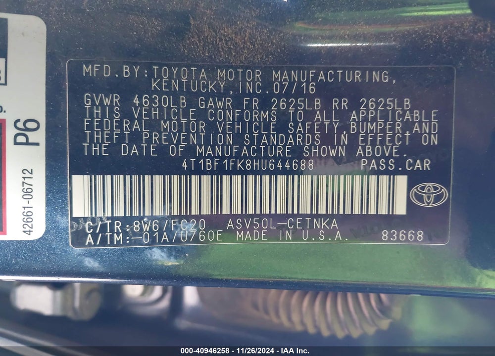 2017 TOYOTA CAMRY LE VIN: 4T1BF1FK8HU644688