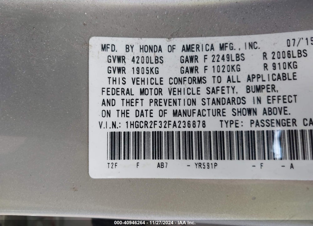 2015 HONDA ACCORD LX VIN: 1HGCR2F32FA236878