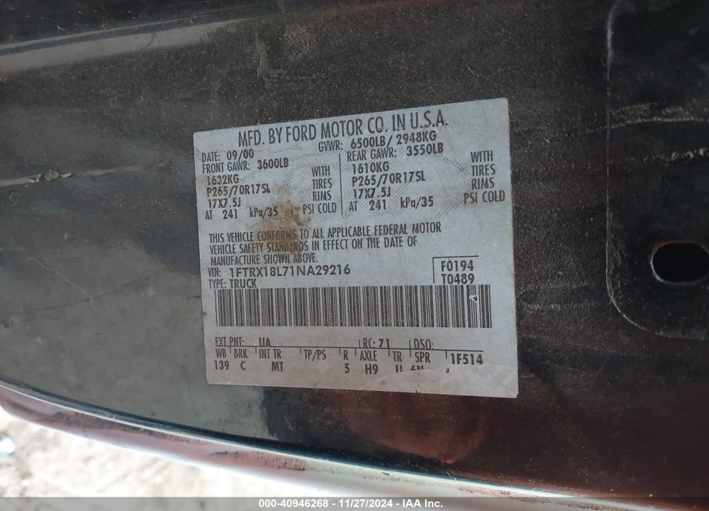 2001 FORD F-150 LARIAT/XL/XLT VIN: 1FTRX18L71NA29216