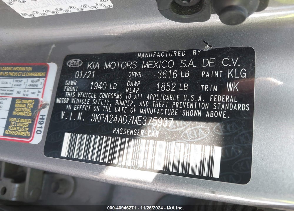 2021 KIA RIO S VIN: 3KPA24AD7ME375937