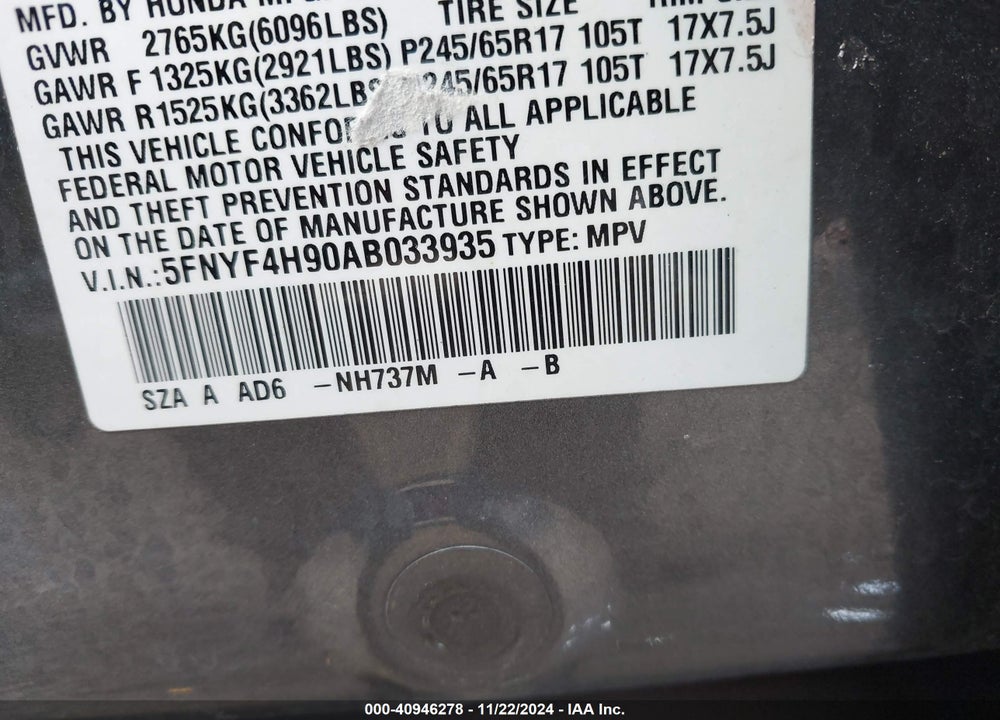 2010 HONDA PILOT TOURING VIN: 5FNYF4H90AB033935