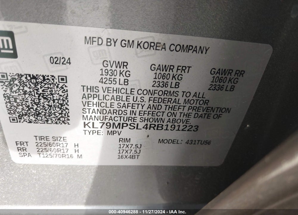 2024 CHEVROLET TRAILBLAZER FWD LT VIN: KL79MPSL4RB191223