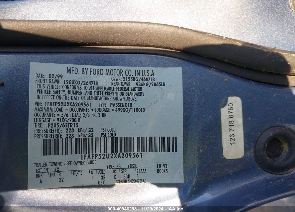 1999 FORD TAURUS LX VIN: 1FAFP52U2XA209561