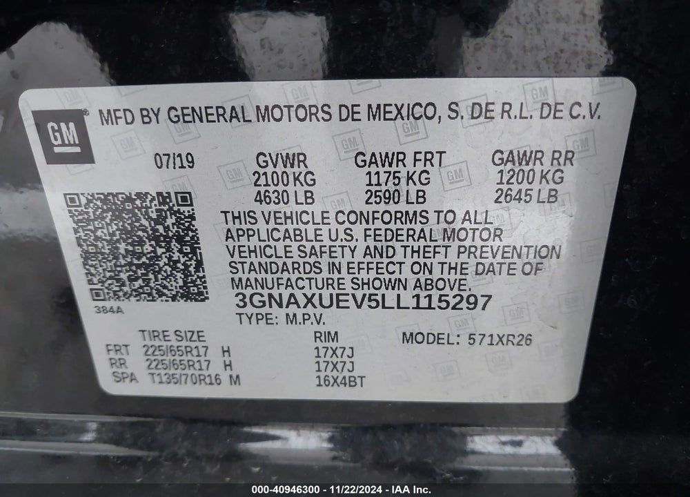 2020 CHEVROLET EQUINOX AWD LT 1.5L TURBO VIN: 3GNAXUEV5LL115297