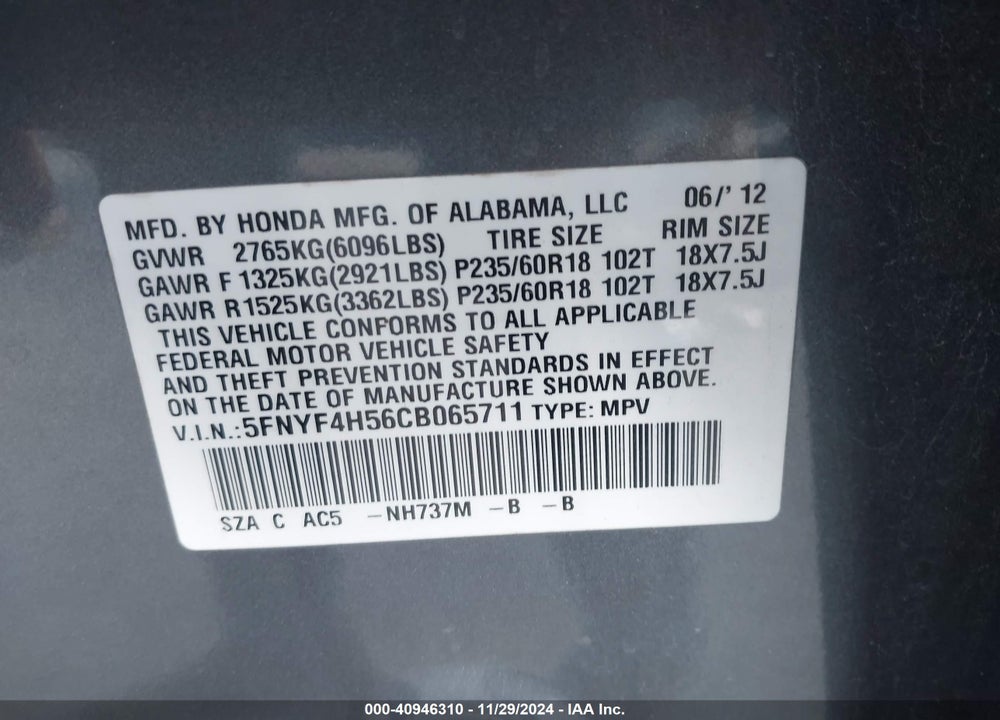 2012 HONDA PILOT EX-L VIN: 5FNYF4H56CB065711