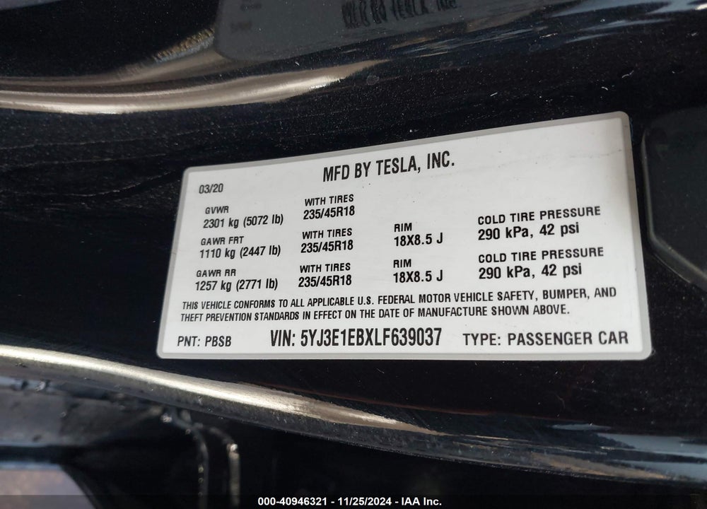 2020 TESLA MODEL 3 LONG RANGE DUAL MOTOR ALL-WHEEL DRIVE VIN: 5YJ3E1EBXLF639037