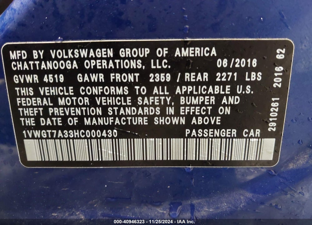 2017 VOLKSWAGEN PASSAT 1.8T SE VIN: 1VWGT7A33HC000430